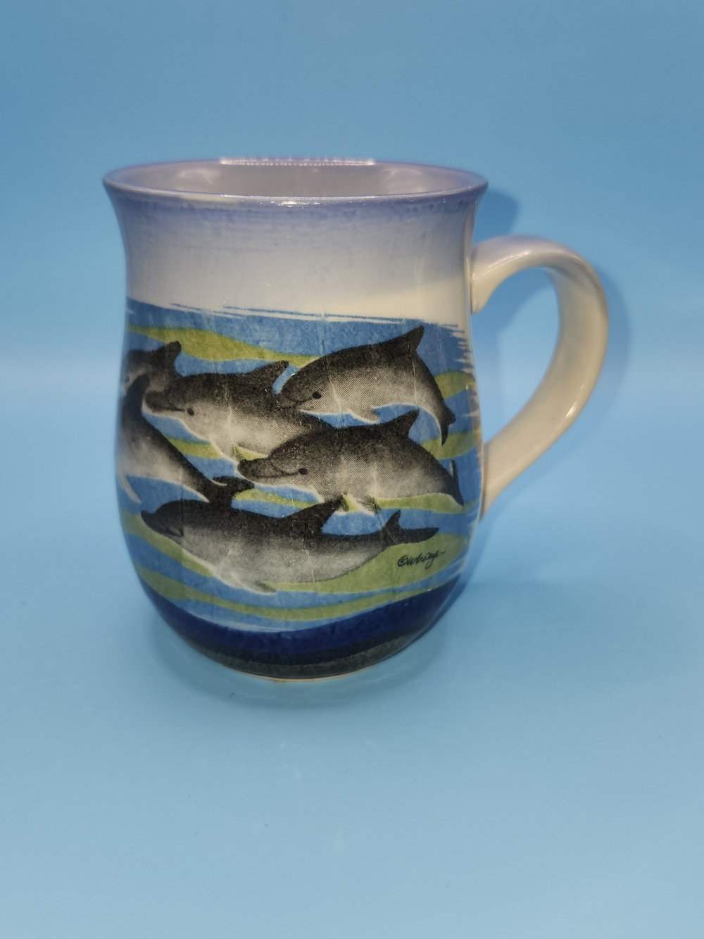 Signed Ceramic Dolphin Mug/White Blue Green Gray Glossy Finish/With Handle